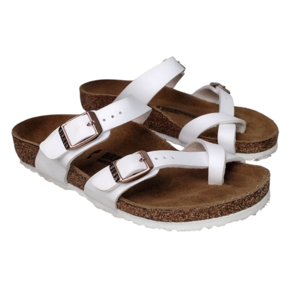 Birkenstock Kids White Two-Strap Cork Footbed Sandals with Rose Gold Buckles